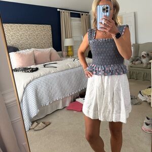 English Factory Blue and Pink Smocked Ruffle Top